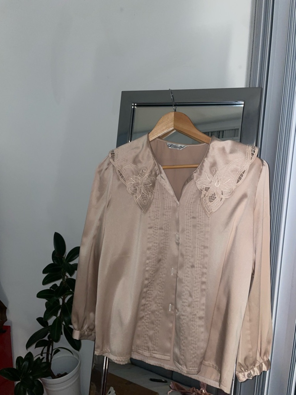Beige Satin Blouse with Lace Collar